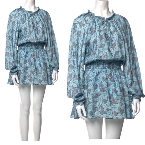 RAMY BROOK Tatum Leaf Floral Print Long Sleeve Pleated Ruffle Mini Dress Medium - Picture 4 of 11